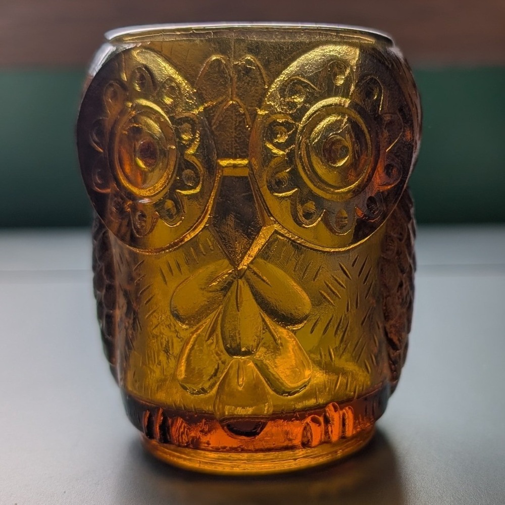 Vintage Amber Glass Owl Votive Holder Japan 3" Brown Cottagecore Dark Academia